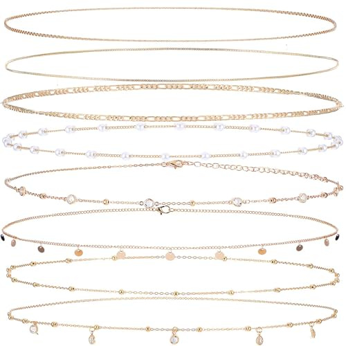 Ptwola 8 Stüc Bauchkette Gold Damen Verstellbarer Taillenketten Körperketten Bikini Taillenschmuck 18K Vergoldet Belly Waist Chain für Frauen Mädchen