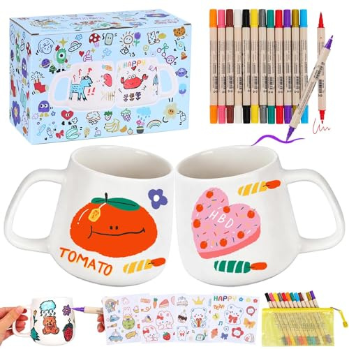 Set di pittura in ceramica, 2 tazze bianche da 400 ml, in ceramica da dipingere con 12 colori, matite in porcellana a doppia testa e 4 adesivi, set da dipingere fai da te, regalo creativo per adulti