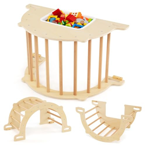 GOPLUS 8 en 1 Arche Escalade Montessori Enfants, Cheval à Bascule en Bois avec Bac Rangement Jeux pour Bébés 3 Ans+, Charge 50KG (90x50x48CM|XL,Naturel)