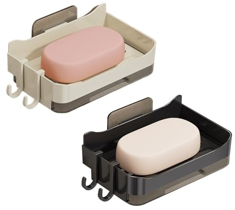 poraceous 2 Pièces Porte Savon avec Bac D'égouttemen Plastique Support Savon, sans Perçage Porte Savons, pour Salle de Bain, Douche, Cuisine, Maison（Blanc et Gris）