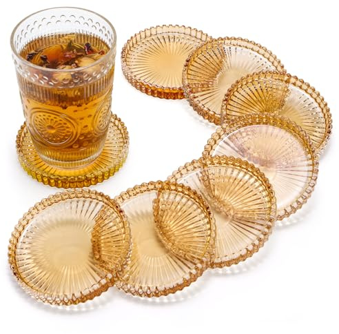 Elsjoy 8 Pack 4 Inch Glass Coasters for Drinks, Amber Tone Modern Clear Coaster Set, Round Crystal Glass Pillar Candle Holder Plates for Table Centerpieces, Home Decor