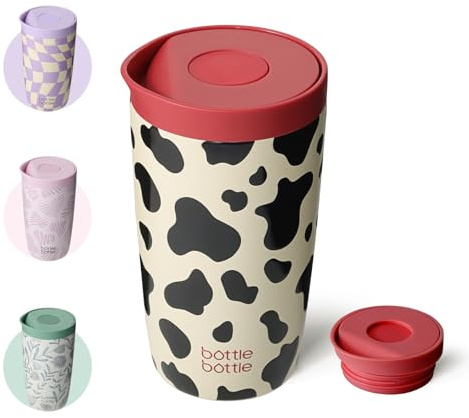 BOTTLE BOTTLE Thermobecher 350ml für Kaffee oder Tee, auslaufsicher und Easy Quick-Press-Verschluss, Isolierbecher Travel Mug Classic Grande (Kuhmuster)