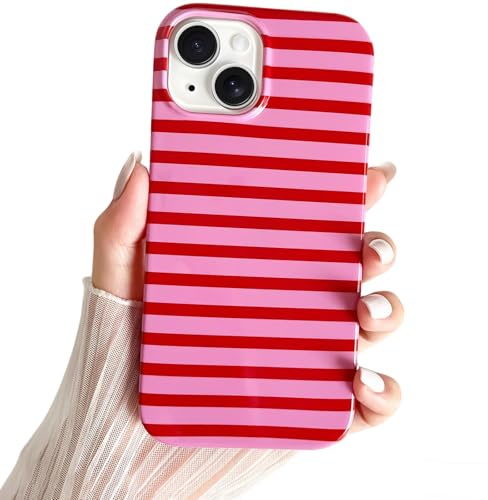 SmoBea Kompatibel mit iPhone 15 Hülle, Süßes horizontal Striped Handyhülle, weiches, schlankes, stoßfestes TPU-Telefoncover für Frauen und Mädchen, schön und stilvoll,Red
