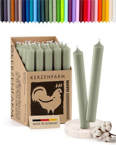 Stabkerzen 10 Stück, 18cm x 2,2cm, Premium Qualität - Deutsche Manufaktur, Kerzenfarm Hahn - lange Brenndauer (8+ Stunden) RAL-Zertifiziert, durchgefärbte Spitzkerzen (Salbeigrün)
