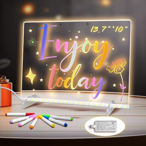 LED Note Board with Colors - 4 Modes &7 Colors Acrylic Dry Erase Boards with Light, Include Adapter, Hanging Chain, Led Drawing Board for Kids with Stand,7 Markers, Spray Bottle (30 * 20cm)