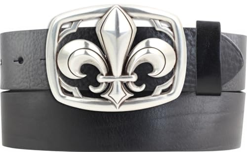 BELTINGER Ceinture en cuir de vachette avec boucle carrée de lys 40 mm | Ceinture en cuir avec boucle fleur de lis pour homme et femme 4 cm | Ceinture en cuir avec boutons pression 4 cm, noir/argent