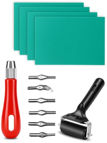 ZaKaBox Lino Printing Kit – for Lino Carving, Block Printing & DIY Crafts | Complete Lino Carving Set,1pc Lino Cutter with 6 Blades, Brayer Roller & 4pc A6 Gel Printing Plate Included