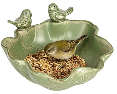 YHNDECO Vogeltränke Winterfest Rund, Vogeltränken mit 2 Deko Vögel, Vogelbad Vogelbecken, Vogeltränke Balkon, Vogelbrunnen, Vogelbad für den Garten für Outdoors Terrasse (Lotusblatt-Stil)