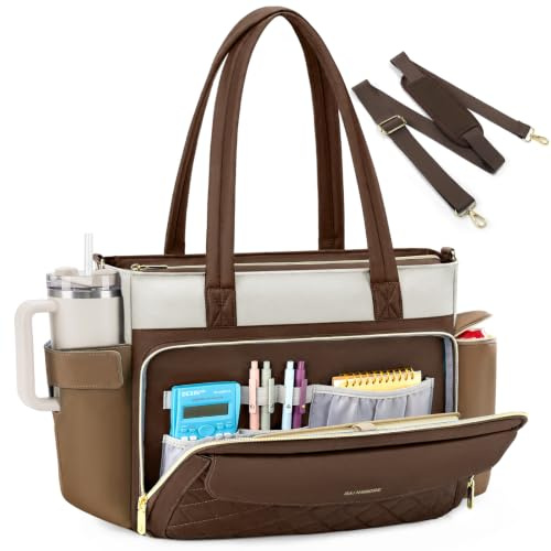 RAINSMORE Sac Ordinateur Femme Sac de Travail 15.6 Pouces Marron/Beige/Kaki | Sac de Professeur avec Poche Grand Porte-Gobelet, Imperméable, pour Bureau Université