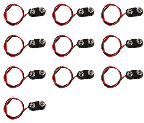 Conector de batería 9V con Cable UL 24AWG de 15 cm, Lote de 10 Unidades, Conector Tipo I con Soporte para Cable, para proyectos Arduino, Reparaciones electrónicas, LED y Pedal de Guitarra