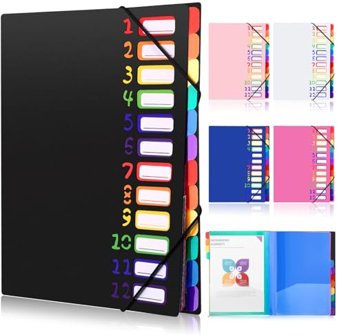 DESPOINA 12 Fächern 24 Taschen Dokumentenmappe Fächermappe A4, Papiertasche Folder, Wasserdicht Bunte Ordnungsmappe Ordnersystem für Schule Bürobedarf (Schwarz)