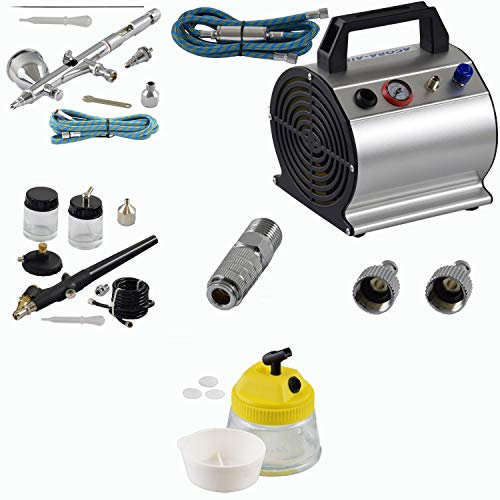 Agora-Tec® Airbrush Komplett-Set ADVANCED III für Airbrush inkl. Kompressor 3,1 bar und 20l/min & 0.3l Tank + 2 Airbrushpistolen + Clean Pot + 2 Schläuche + Adapter und 2 Schnellkupplungen