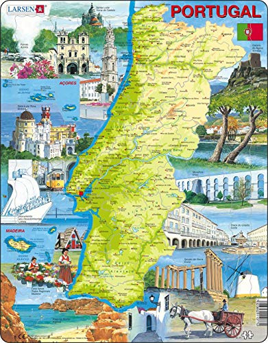Larsen Puzzles K71-PT, Kinder Rahmenpuzzle Portugal Karte mit Sehenswürdigkeiten, 64 Teile, ab 7 Jahre, Lernspielzeug Geografie, Konzentration & Spielspaß