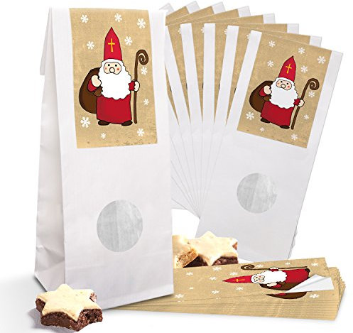 Lobguch-Verlag 25 Geschenktüten Heiliger Nikolaus Blockbodenbeutel mit Fenster lebensmittelecht zum Befüllen Nikolaussackerl 8 x 5 x 24,5 cm