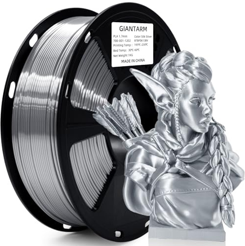 GIANTARM Silk Metallic Silver PLA 3D Printer Filament 1kg Spool, 1.75mm Dimensional Accuracy +/-0.03mm, 1080 Feet per Roll, Vacuum Packaging