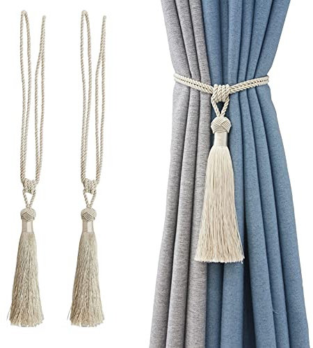jghcsz Fermatenda per Tende, Set di 2 Fermacravatte Poliestere Drappo Tieback Clip con Nappa per Tende Accessorio Elegante Stile Semplice e Naturale (Beige, 2)