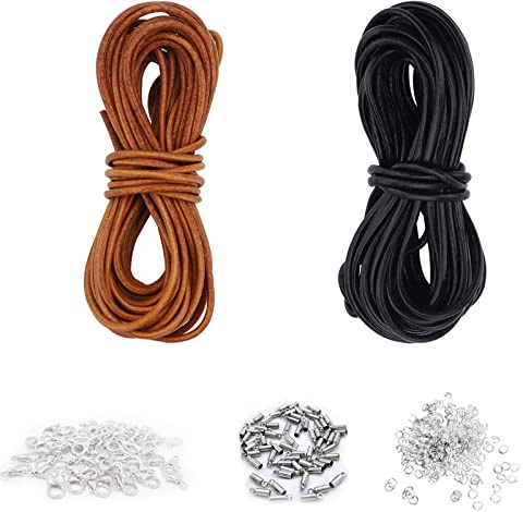 VEGCOO Collier Bracelet Corde en Cuir DIY,Corde en Cuir Noir et Marron Total 10 Mètres,Largeur 2 mm,avec Bracelet Collier Mait Main Petit Fermoir