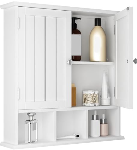 ChooChoo Bathroom Cabinet Wall Mounted 2-Door with 3 Open Shelves, Wooden Medicine Cabinets with Adjustable Shelf, Space Saver Storage Cabinets Over The Toilet for Bathroom&Living Room, White