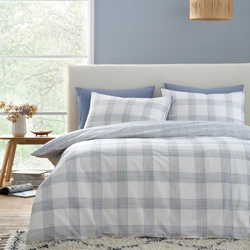 Bianca Marlow Check 200 Thread Count Cotton Percale Reversible Double Duvet Cover Set with Pillowcases Blue