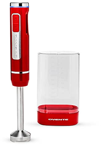 OVENTE Electric Cordless Immersion Hand Blender 200 Watt 8-Mixing Speed with Stainless Steel Blades, Heavy-Duty Portable & Rechargeable Perfect for Smoothies, Puree Baby Food & Soup, Red HR781R