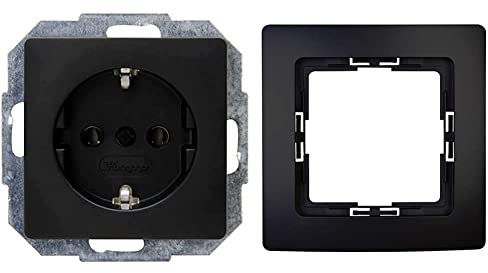 Kopp Paris Steckdose ohne erhöhten Berührungsschutz, Unterputz, Mattschwarz, 923550080 & Paris 1-Fach Abdeckrahmen, Mattschwarz, 308450066