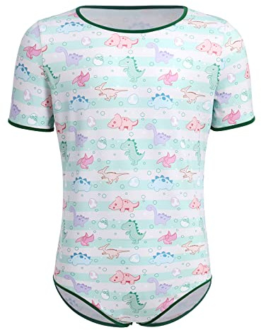 ABDL Body Männer Herren Overall Bodysuit Kurzarm T-Shirt Unterhemd Ouvert Body Sportbody Druckknöpfe im Schritt Karikatur Druckt Einteiler Jumpsuit Playsuit Unterwäsche Nachthemd Grün Dinosaurier XL