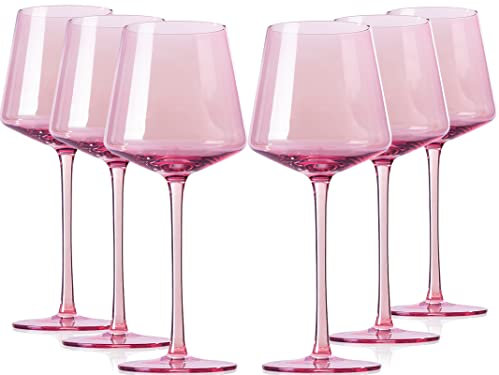 comfit Juego de 6 copas de vino de color rosa, copas de vino coloridas de cristal con tallo largo y borde fino, copas de vino de colores modernos para boda, cumpleaños, día de San Valentín, 18 onzas