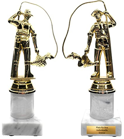 Angler Pokal mit Gold-Fisch auf Marmorsockel - 20 cm Trophäe mit Gravur | Individuell personalisierbare Auszeichnung für Angeln-Wettbewerbe, Resinfigur mit Wunschtext auf hochwertigem Marmor
