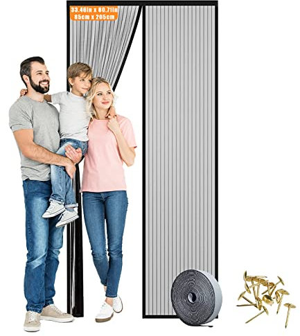 ZB.soar Magnetische Fliegengittertür, passend für Türgrößen 96.5x208.3 cm, 94x208.3 cm, 91.4x208.3 cm, selbstklebende Magnete, schwer entflammbar, Anti-Small Kratzer (Chemiefaser- L)