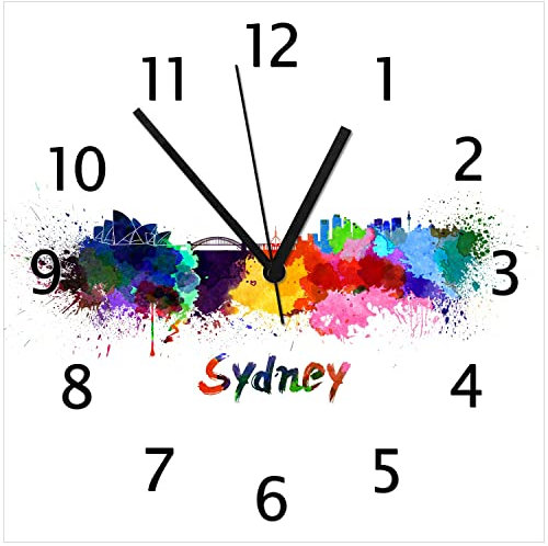 Wallario Design-Wanduhr Städte als Aquarell - Skyline von Sydney aus Glas, Motiv-Uhr Größe 30 x 30 cm, Schwarze Zeiger