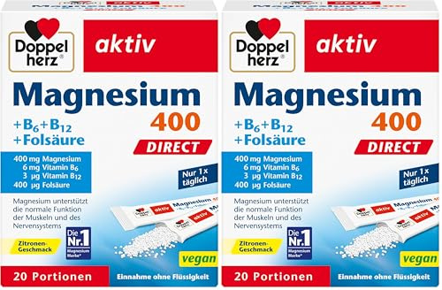 Doppelherz Magnesium 400 + B6 + B12 + Folsäure DIRECT - Magnesium unterstützt die normale Funktion der Muskeln und des Nervensystems - 20 vegane Portionen (Packung mit 2)