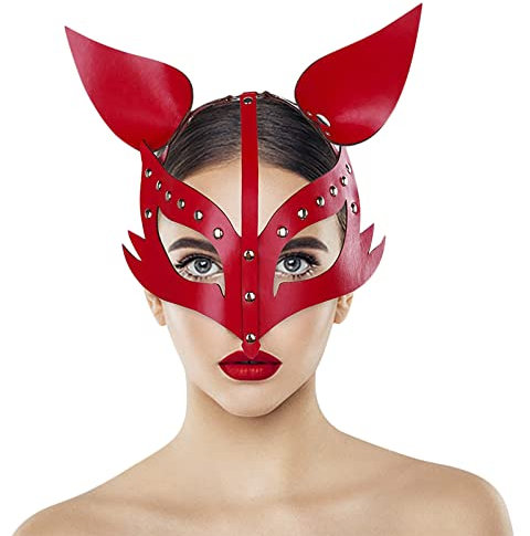 Faxianther Halloween Füchse Maske Damen Sexy PU Leder Halbgesichtsmaske Einstellbare Füchseohren Maske Maskerade Halbgesicht Maske Requisiten Maske Venezianische Ledermaske Katze Maske Cosplay Kostüm