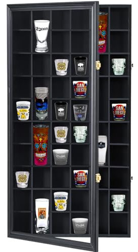 Furnishh 52 Slots Shot Glass Display Case with Lockable Door, Solid Wood Cabinet Collection Holder Wall Mounted Shot Glass Display Storage Box with Removable Shelves, 17x32, Black