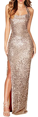Duohropke Abito da sera da donna,elegante,per matrimonio,lungo,con paillettes,scollo a V,senza maniche,stretto,con spacco laterale,con brillantini,abito da festa,sexy,maxi abito da cocktail,oro
