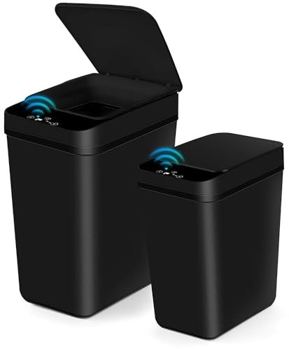 MSYU 2 Pack Automatic Trash Can -3.1 Gal & 4.7 Gal,Waterproof Slim Touchless Bathroom Garbage Can with a Lid,Smart Electric Plastic Garbage Bin for Bathroom Bedroom Office Kitchen (Black)