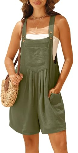 IWOLLENCE Short Dungarees For Women UK Adjustable Shoulder Straps Sleeveless Rompers with Front Pocket Maternity Jumpsuit (Green, L)