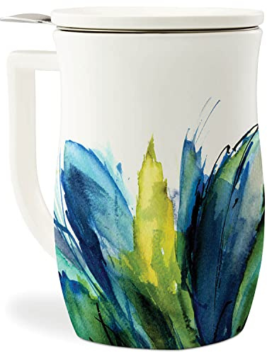 Tea Forte Ceramic Fiore Cup with Handle, Removeable Stainless Steel Infuser Basket and Lid, Steeps 14 oz Loose Leaf Tea, Dishwasher & Microwave Safe, Blue Agave