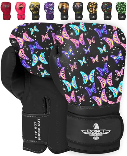 Exxact Sports Knockout Printed Youth Boxing Gloves for Kids (3-10 Years) with Padded Protection and Wrist Support, Durable Engineered Leather Kids Boxing Gloves for Boys and Girls (Butterfly, 6OZ)
