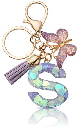 CHUQING Schlüsselanhänger Buchstabe Mädchen Schlüsselanhänger mit Anfangsbuchstaben Anhänger Schlüssel Geschenke Keychain Letter für Frauen Lila S