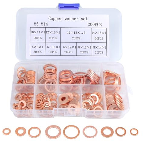 ZYDYRX 200 Stück Kupfer Flache Dichtring Kupferdichtringe Sortiment Solid Copper Massiv-Kupfer Dichtungssatz Unterlegscheiben Set M5-M14 mit Aufbewahrungsbox 9 Größen