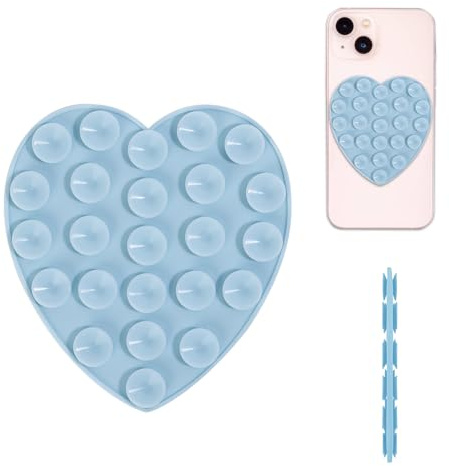 PEUTIER Silicone Double Sided Suction Phone Holder, Heart Shaped Suction Cup Phone Mount Hand-Free Suction Phone Case Sweet Multi-Purpose Sticky Pad Grip for Mobile Devices Mirror Glass (Light Blue)