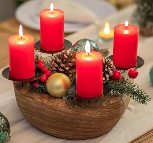 Romadedi Adventskranz Holz Kerzenhalter Adventsgesteck：Rund Holzschale Mit 4 Kerzenständer Für Stumpenkerzen Adventskranz Deko Weihnachten Adventsschale Dekoschale Für Advent Weihnachtsdeko, 25cm