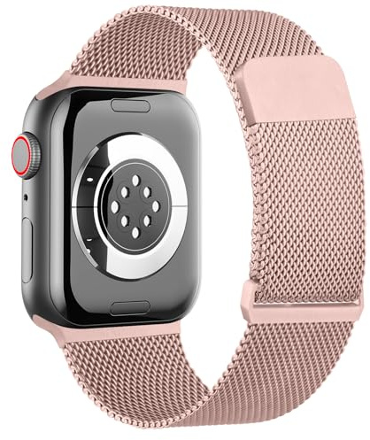 Amzpas Métal Bracelet pour Apple Watch 38mm 40mm 41mm 42mm 44mm 45mm 46mm 49mm Femme Homme, Acier Inoxydable en Métal pour iWatch SE SE2 Series 10 9 8 7 6 5 4 3 2 1 Ultra Ultra 2, Rose