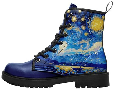 Stivali invernali da donna, stivali da combattimento, impermeabili, con lacci, con plateau, in pelle, comodi ed eleganti, con motivo notte stellata, La notte stellata, 40 2/3 EU