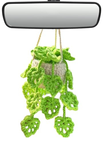 Qiwieod Potted Plants Crochet Car Hanging Accessories, Knitted Plant Car Hanger, Portable Handmade Knitted Rear View Decoration, Knitted Plant Basket for Hanging