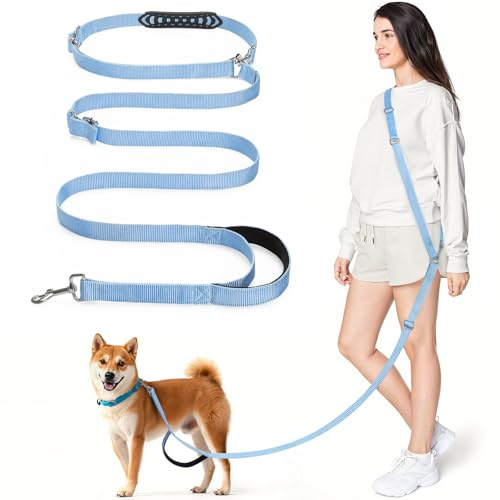 Tivray Guinzaglio per Cani a Mani Libere 2,6 m, Guinzaglio Regolabile per Cani di Taglia Media, Corsa Jogging Passeggiata, Tracolla o Mano, 3 Anelli, Maniglia Imbottita, Blu