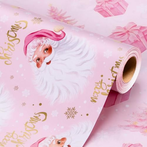 Wikadlik Weihnachts Geschenkpapier Rolle mit niedlichem Weihnachtsmann mit rosa Mütze und Geschenkkastenmuster auf der Rückseite für Weihnachten Feiertage und Partys – 43cm x 10m