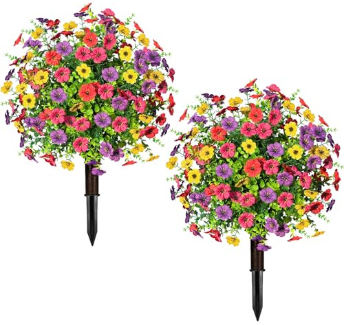 ICX 23.6 Artificial Boxwood Topiary Ball Trees with Flowers Set of 2