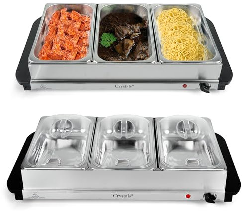 Crystal 1.5L Electric Buffet Warmer and Food Server – 200W Adjustable Temperature Hot Plate with 3 Section Trays | Buffet Warmer | Electric Food Warmer Buffet Server for Events & Home