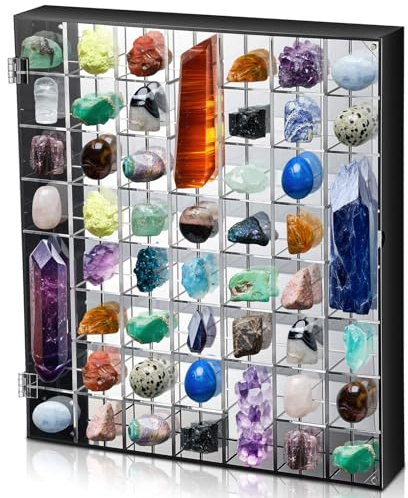 Cinnvoice Rock Display Case Adjustable Acrylic Display Case with Mirrored Crystal Organizer for Collectible, Crystal, Stones, Wall Mountable, Magnetic Door(Black Border,56 Grids,Square)